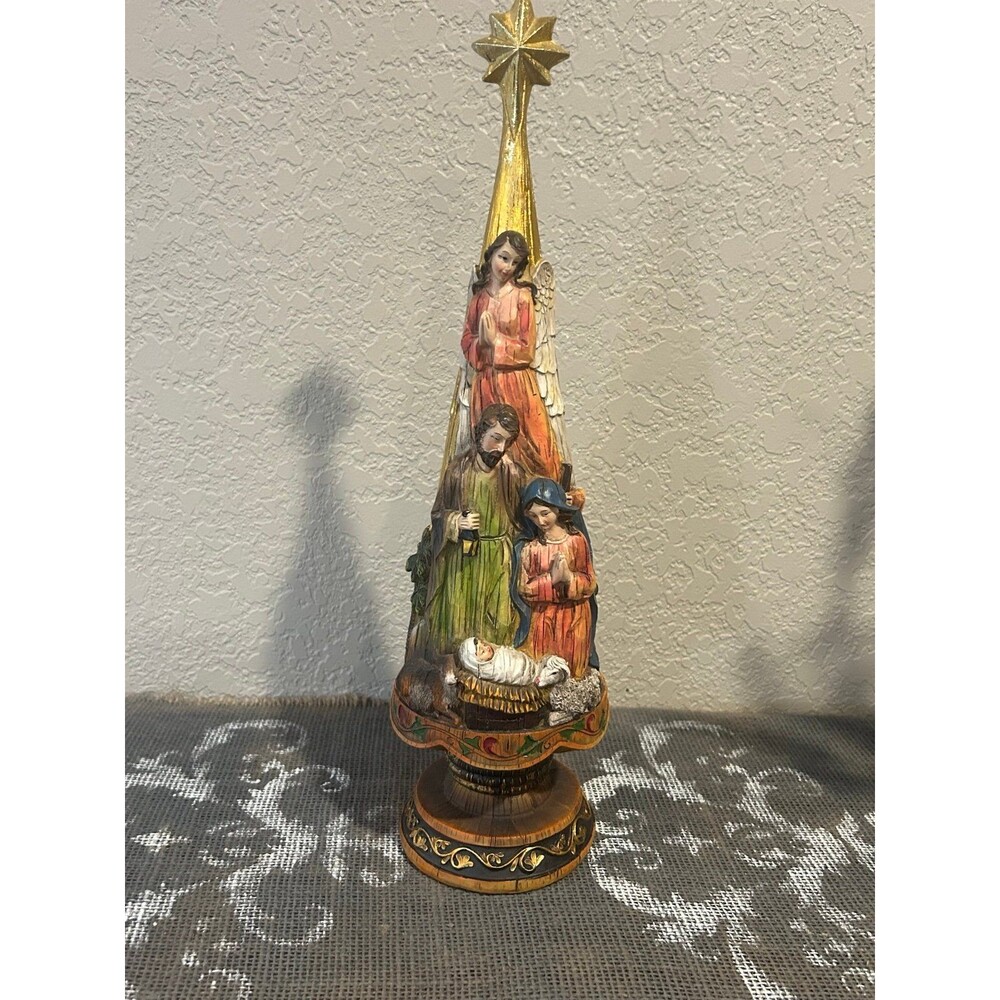 Winter Lane 16” Carved Resin Table Top Nativity Christmas Tree Music Box